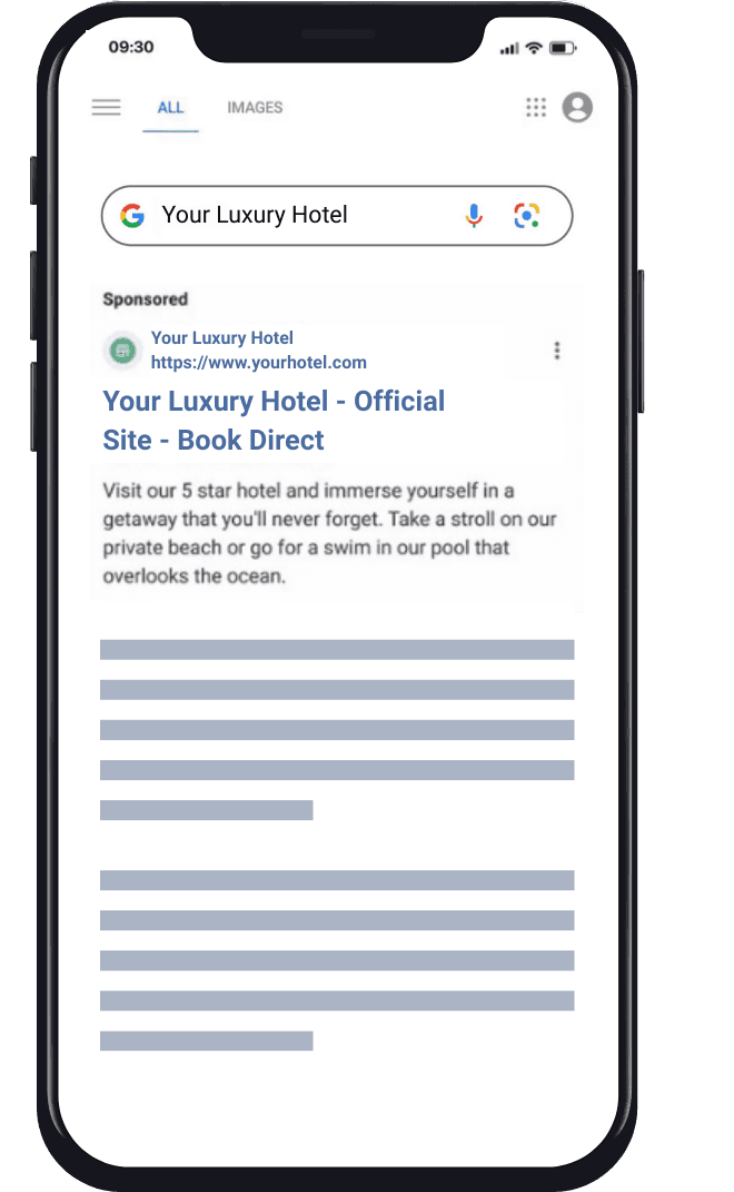 Hotel paid search ads in Google SERP driving direct bookings